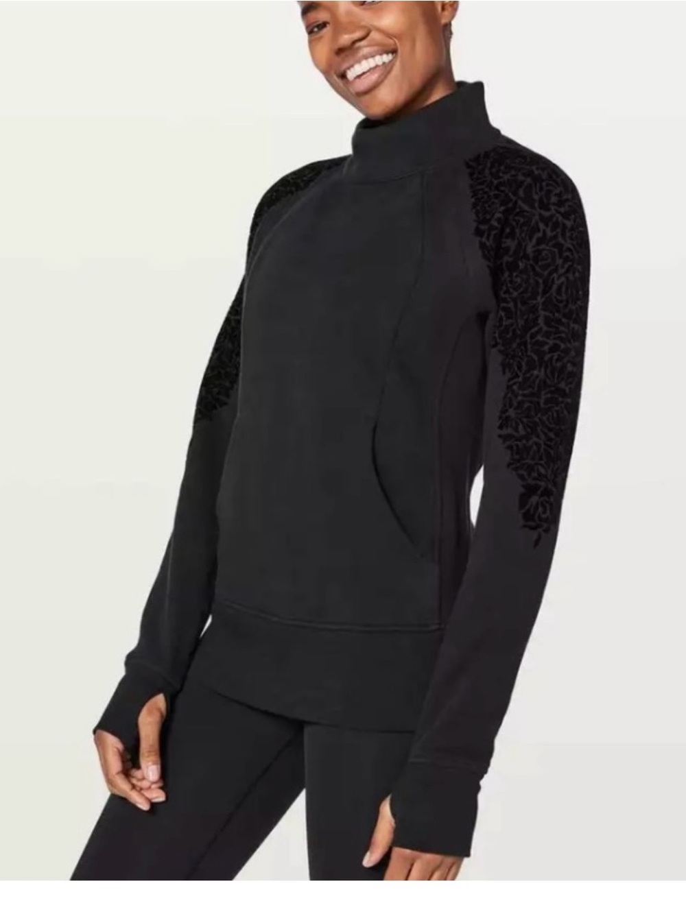 Black Mock Neck Pullover with Textured Sleeve Detail